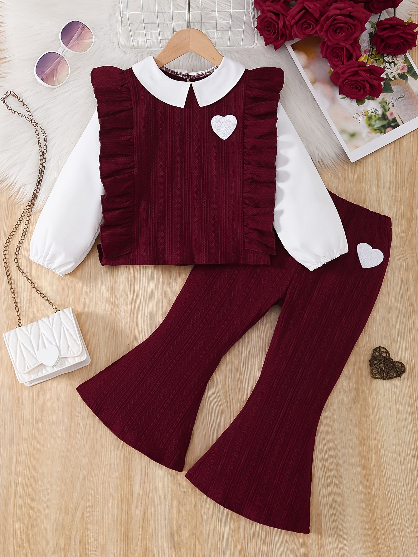 2pcs Girls' Doll Collar Long Sleeve Geometric Knit Top + Solid Color Retro Elegant Flared Pants Autumn/Winter New Set, Perfect for Outdoor
