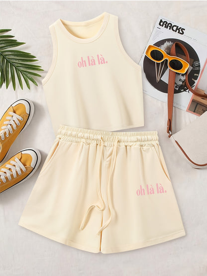Women's Casual Two-Piece Set with English Print and Wide Leg Pants