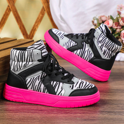 Women'S Winter Zebra Print Hiking Boots - Mid-Top Round Toe PU Cover-like Texture, Soft Comfortable Lace-Up Ankle Support, Pink Sole & Arch Support