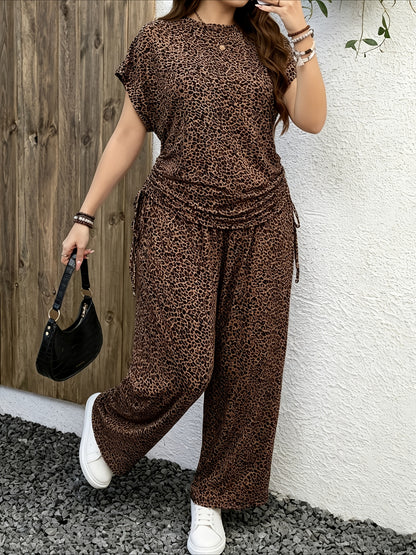 Leopard Print Casual Long Pants Set with Side Drawstring