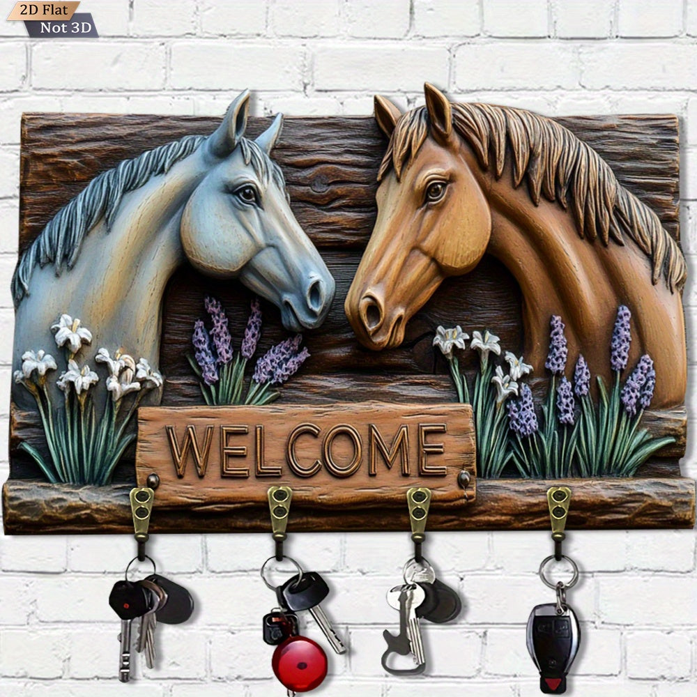 2D Flat, 1pc Double Horse Welcome Wooden Multi-Functional Key Hook with Four Metal Hooks, Wall Decor, Porch Decoration, Room Decor, Villa Decor, All-Season Home Accent – 29.97cm x 213