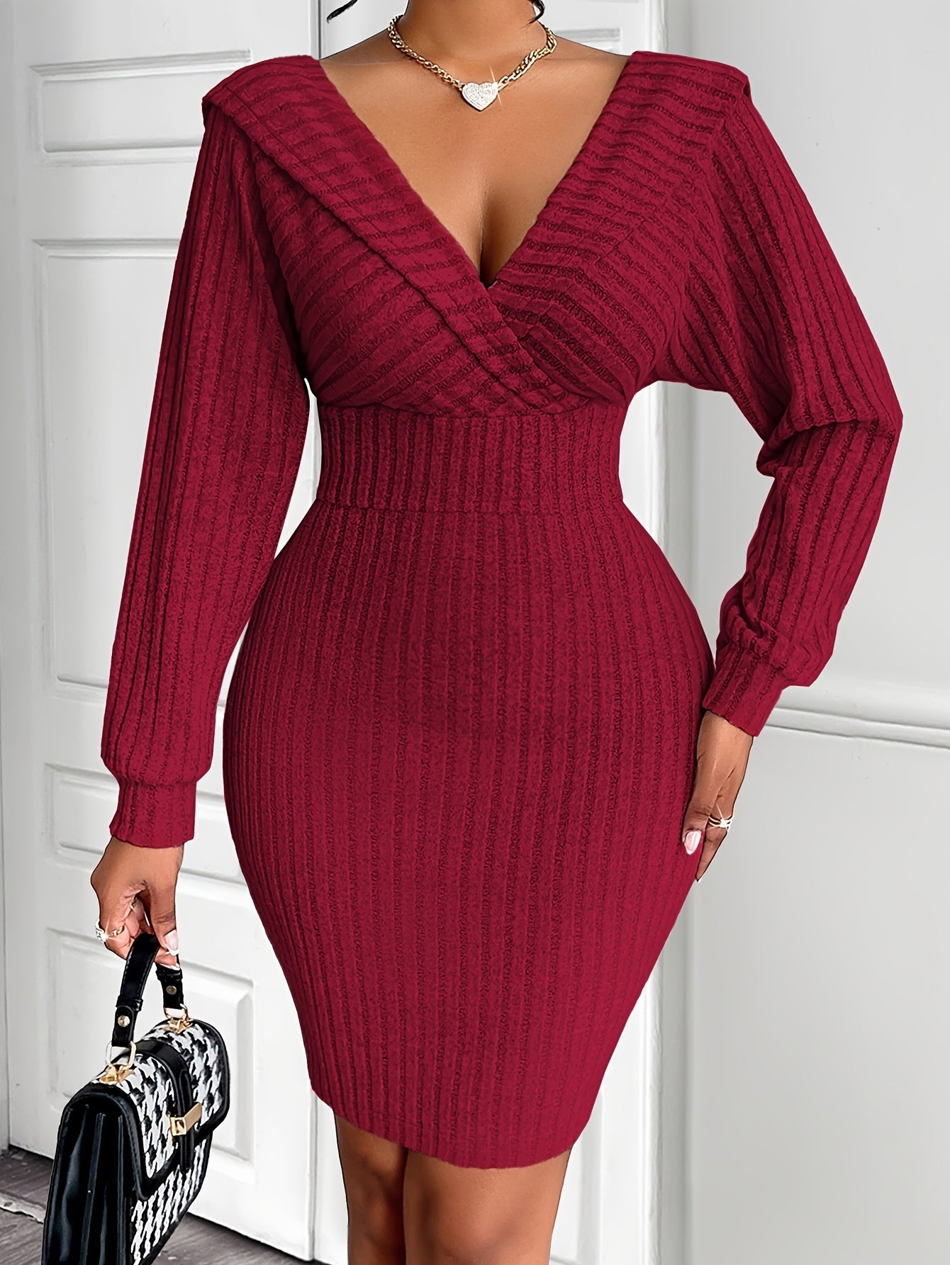 Sexy V-Neck Knit Bodycon Dress for Women, Long Sleeve One-Shoulder Solid Color Polyester Dress with Lace-Up Detail, Regular Fit for Fall Season