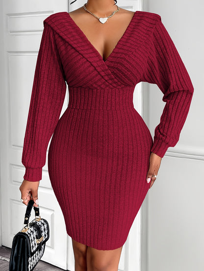 Sexy V-Neck Knit Bodycon Dress for Women, Long Sleeve One-Shoulder Solid Color Polyester Dress with Lace-Up Detail, Regular Fit for Fall Season