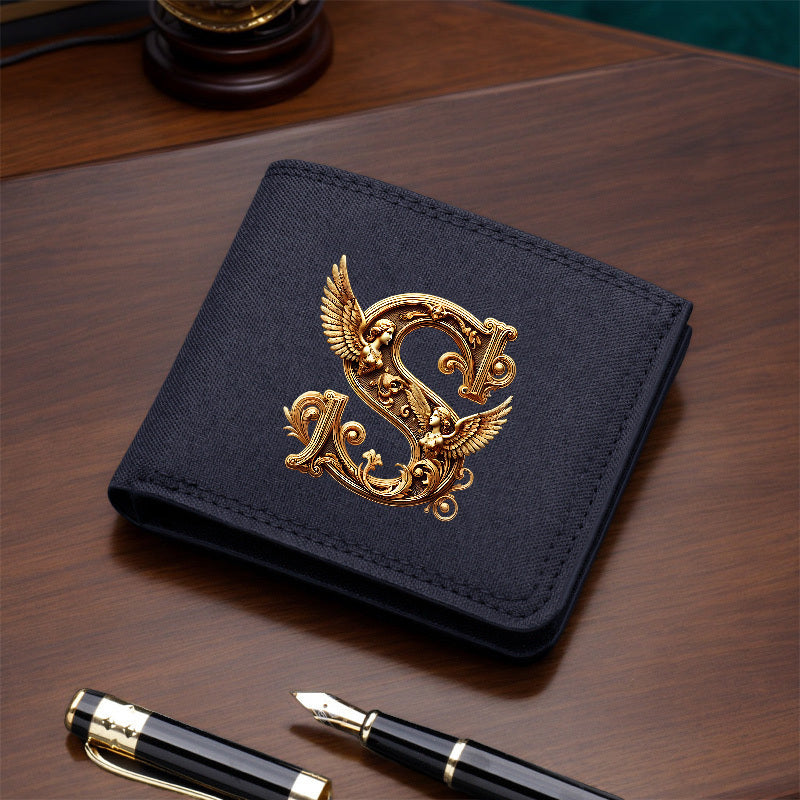 1pc Men's Short Canvas Initial Name Wallet, Zippered Denim Wallet for Men, Plain Ultra-Thin Letter Wallet for Men