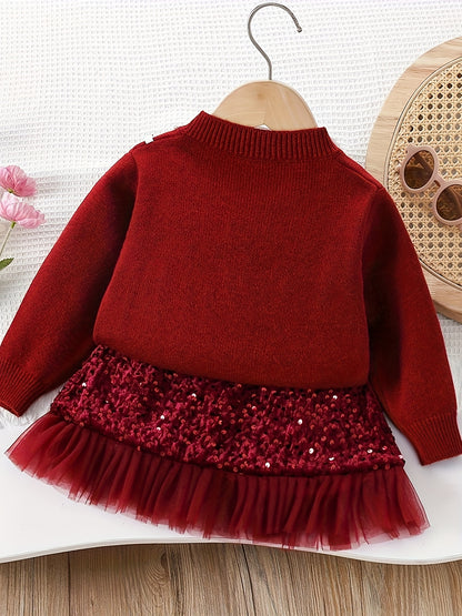 2pcs Girls' Elegant Sequin Trim Sweater & Sparkle Tulle Tutu Skirt Set - Red & Golden Glittery Party Outfit with Ruffled Hem, Long Sleeve Round Neck Top & Layered Tulle, Perfect For Halloween, Christmas, Photo Shoots, Pageant