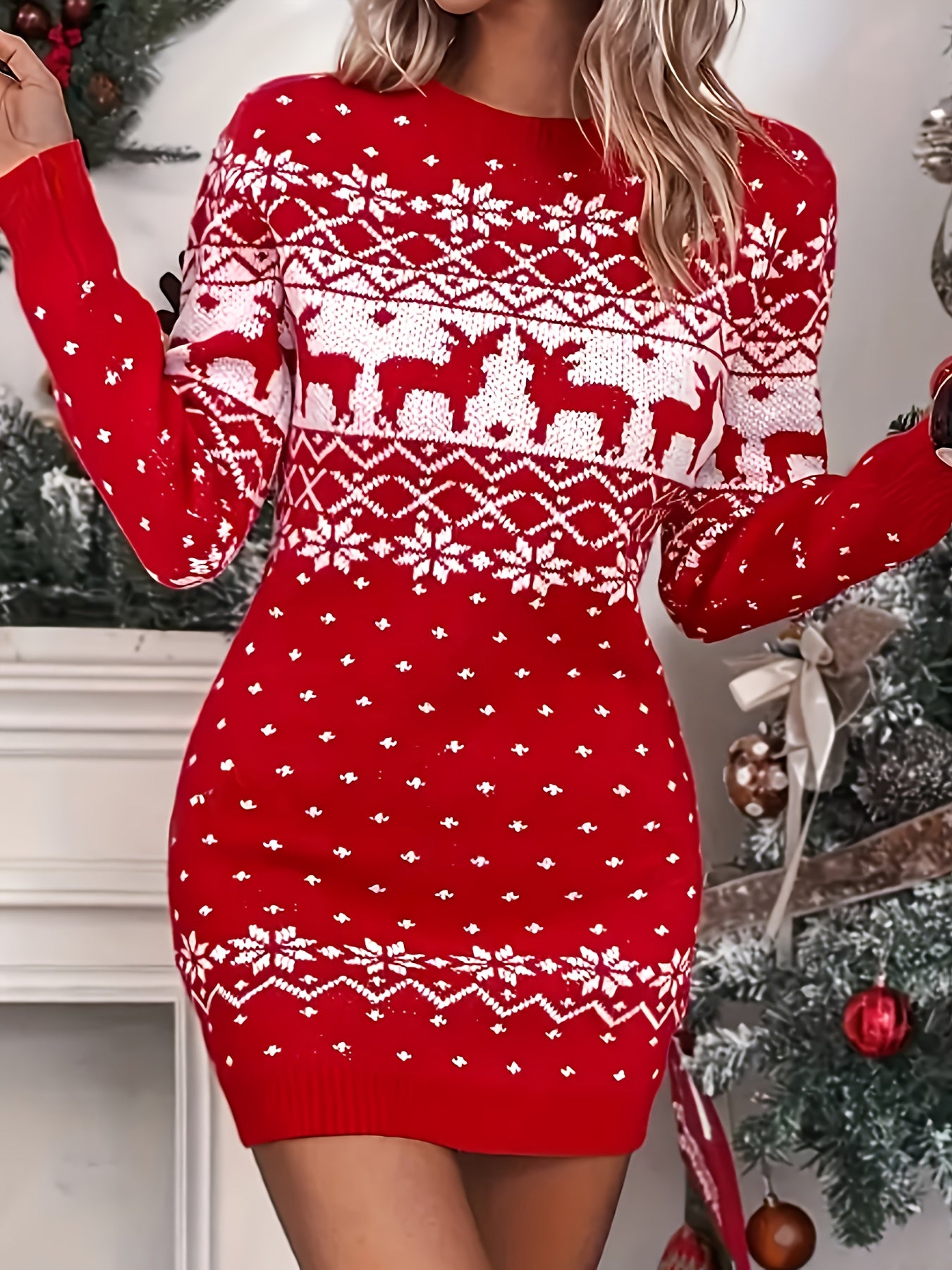Women'S Christmas Reindeer Print Sweater Dress - Long Sleeve, Round Neck, Ribbed Texture, Green & Holiday Party Outfit, Perfect for Festive Gatherings
