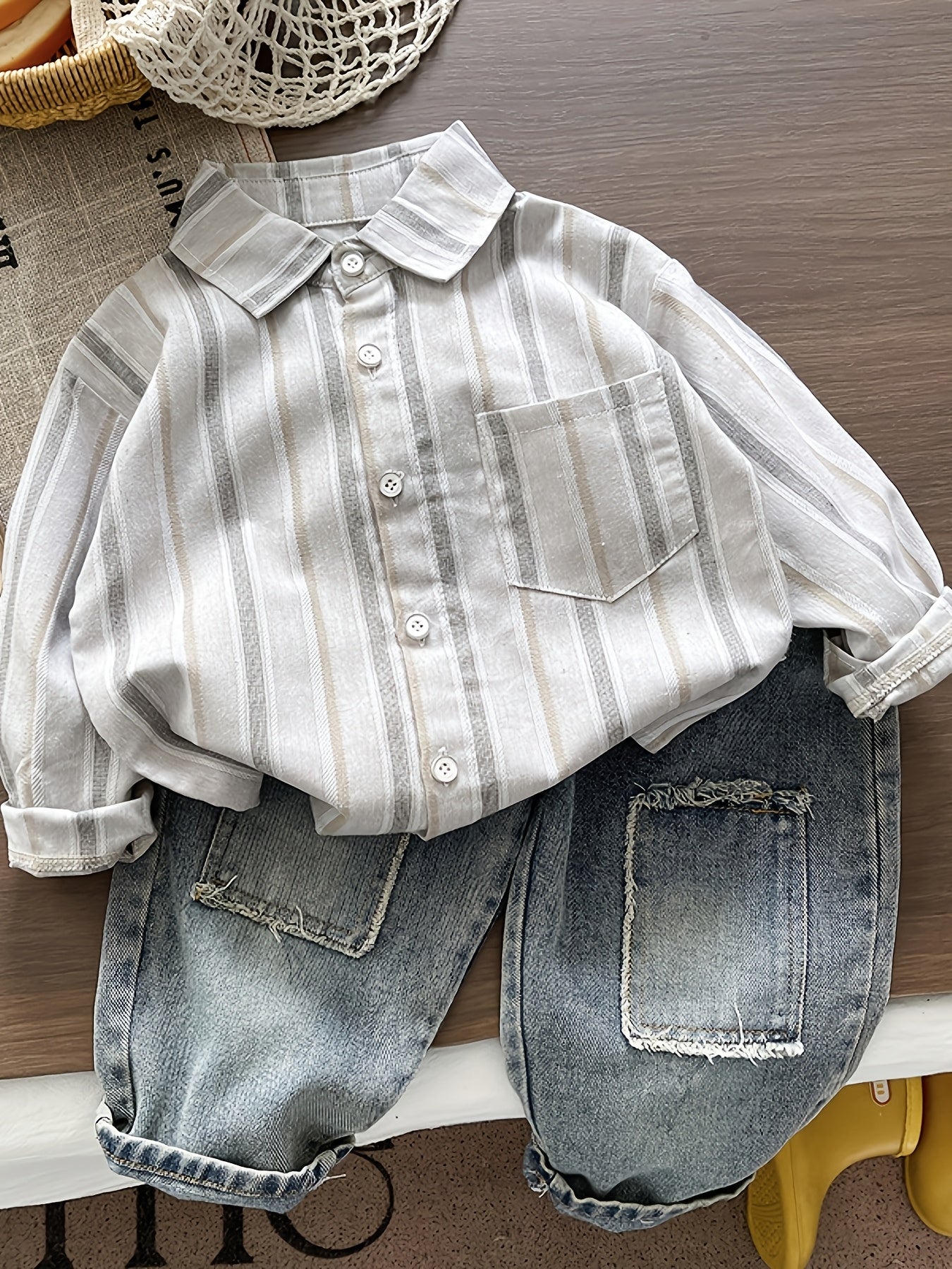 Boys' Cotton Stripe Lapel Shirt and Denim Pants Set for Spring/Fall