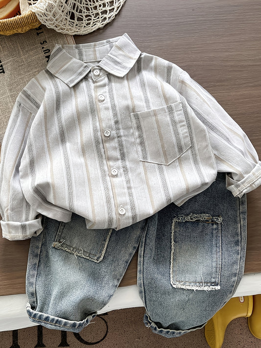 Boys' Cotton Stripe Lapel Shirt and Denim Pants Set for Spring/Fall