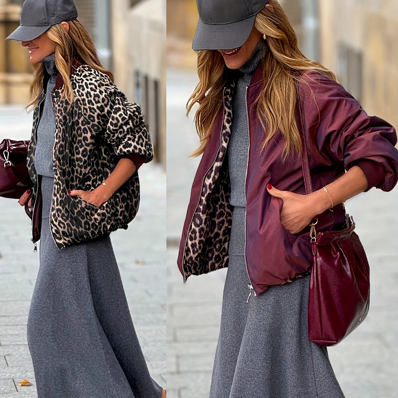 Women'S Double-Sided Reversible Zipper Front Jacket - Leopard Print & Burgundy Casual Coat, Fashionable Thickened Fabric, Durable Outerwear for Trendy Enthusiasts, Leopard Print Jacket, Trendy Outerwear, Doublelayered Design