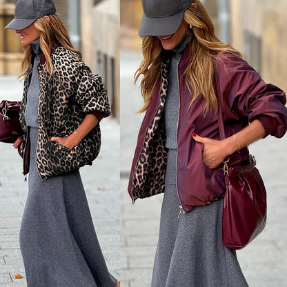 Women'S Double-Sided Reversible Zipper Front Jacket - Leopard Print & Burgundy Casual Coat, Fashionable Thickened Fabric, Durable Outerwear for Trendy Enthusiasts, Leopard Print Jacket, Trendy Outerwear, Doublelayered Design