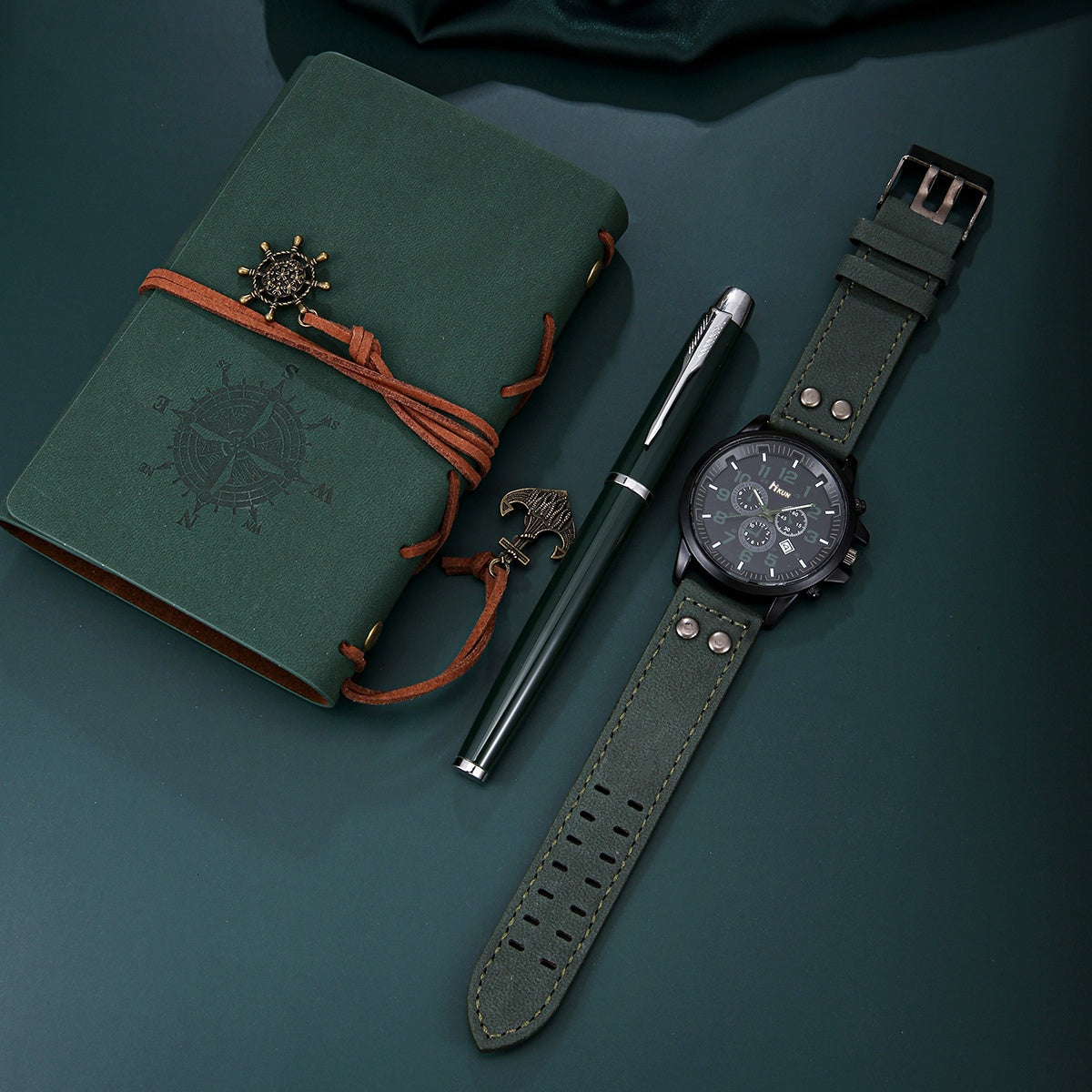 3pcs HIKUN Men's Military Green Watch & Notebook & Pen Gift Set - Military-Themed Analog Wristwatch with Quartz Movement, Pen for Outdoor, Journaling - Ideal for Christmas, Birthday Gifts for Him, Boyfriend, Dad (Durable Pen)