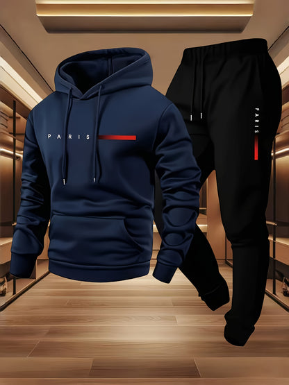 Halloween Men'S Hoodie with PARIS Lettering And Drawstring Sweatpants Set, a Must-Have Outfit for Autumn And Winter, Perfect for Everyday Outdoor Wear