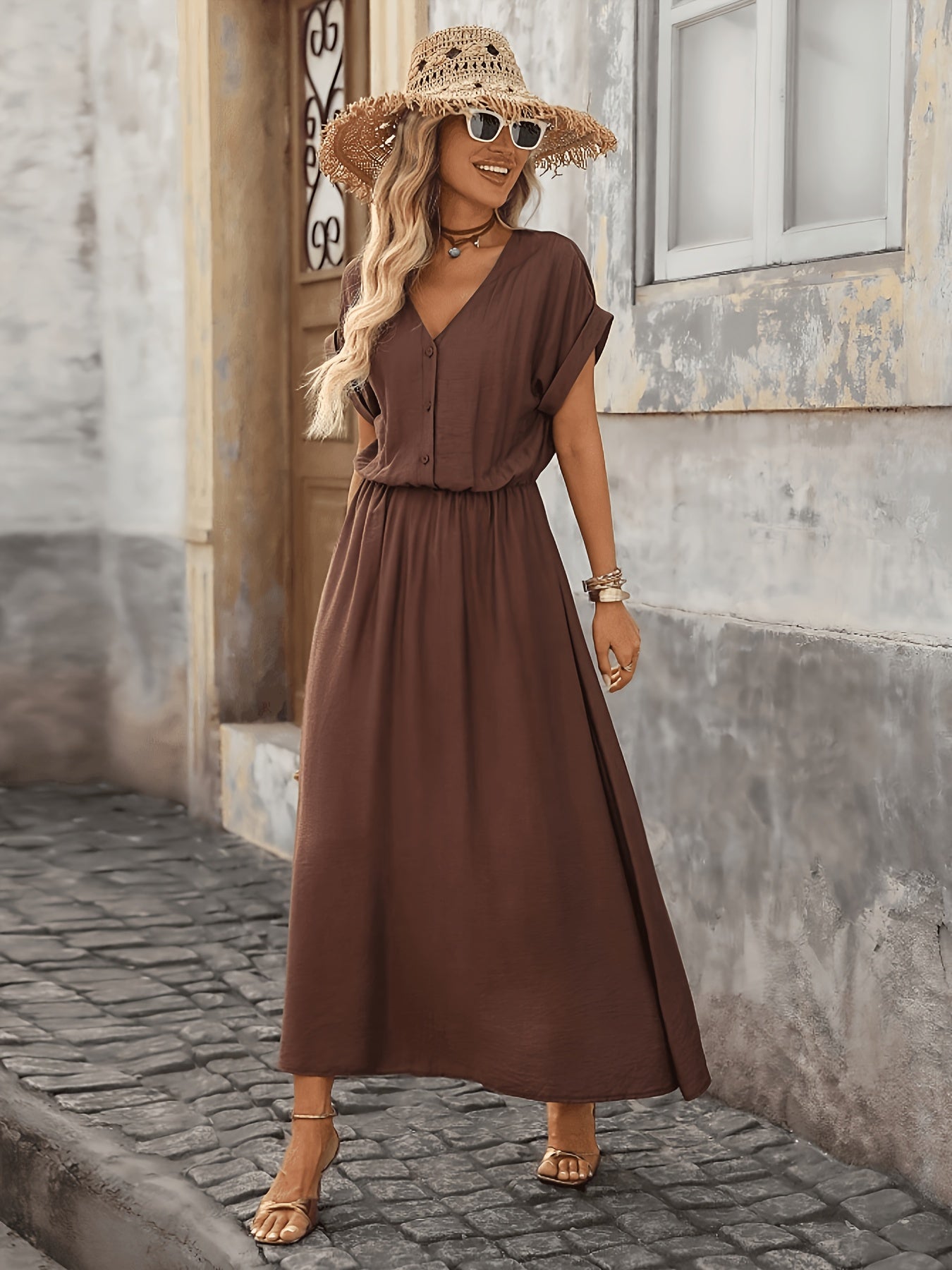 Women's Summer V-Neck Peplum Dress, Lightweight Polyester