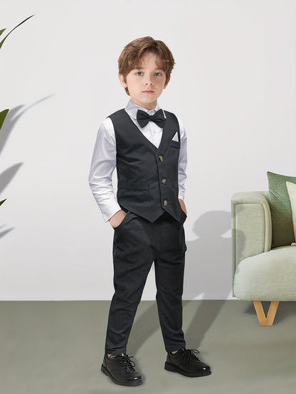 Boys' 4-Piece Preppy Suit Set with Vest and Bow Tie