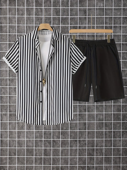 Men's Summer Printed Button-Up Shirt & Shorts Set