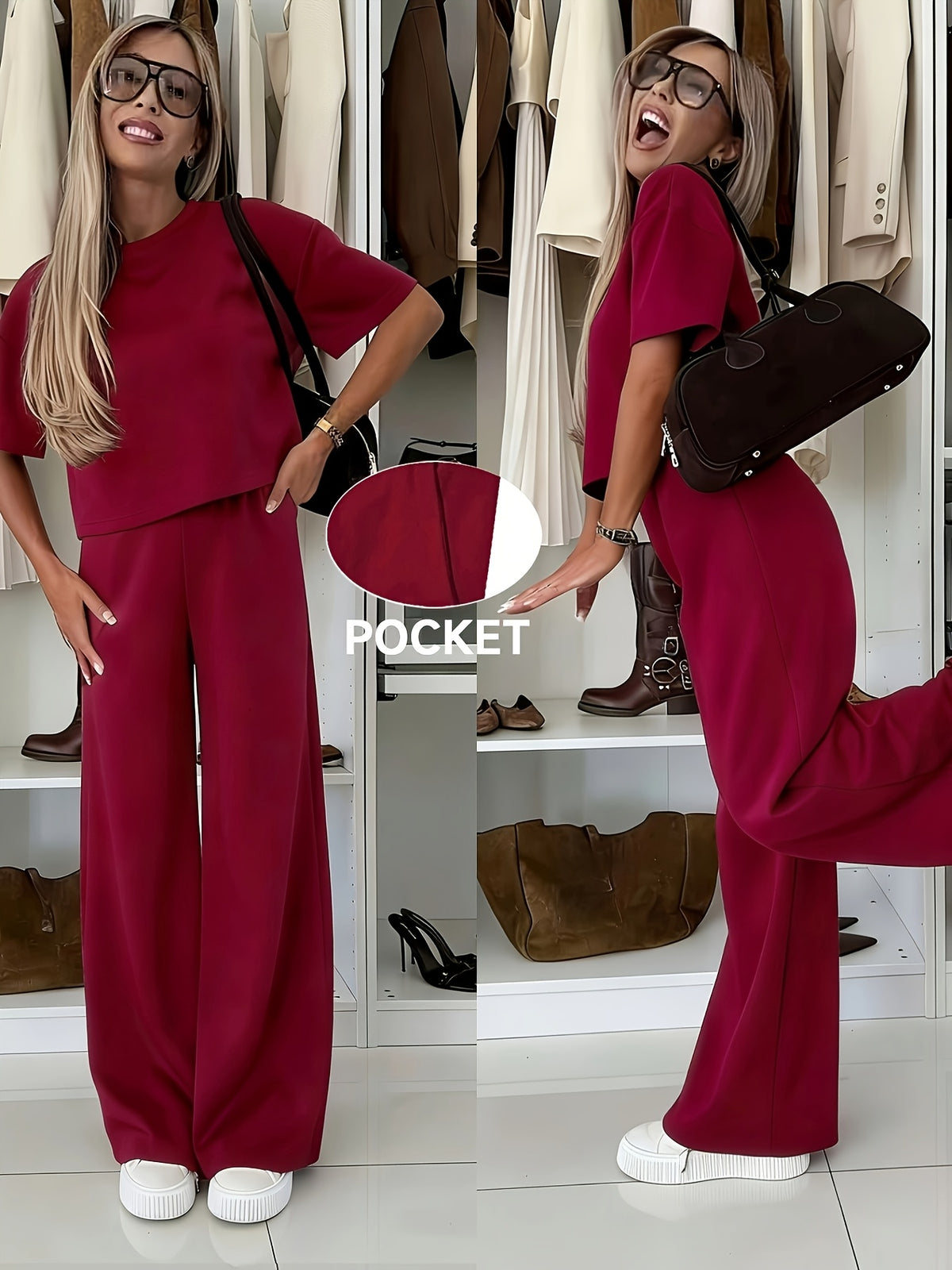 Women’s Casual 2-Piece Set Short Sleeve Top & Wide-Leg Pants - ayq
