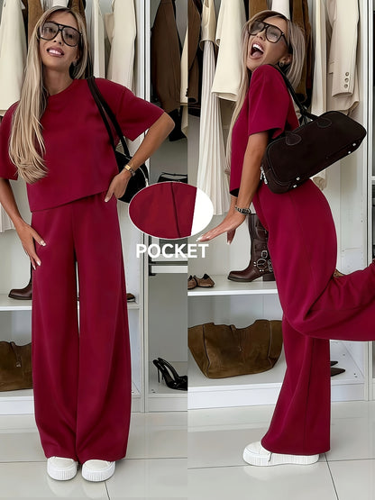 Women’s Casual 2-Piece Set Short Sleeve Top & Wide-Leg Pants - ayq
