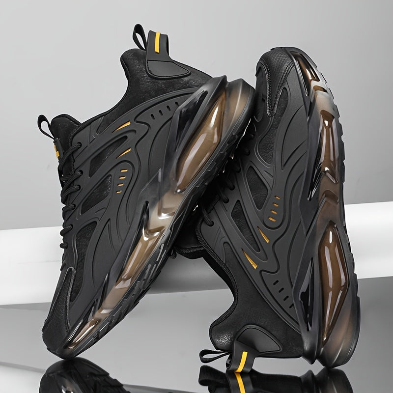 Men's Casual Sneakers - Breathable Low-Top Lace-Up Design, Durable PU Upper  Cushioned PVC Sole for All-Season Comfort - Black with Yellow Accents - Ideal for Running, Hiking, Daily Wear, Hiking Footwear, Stylish Contrast Ac