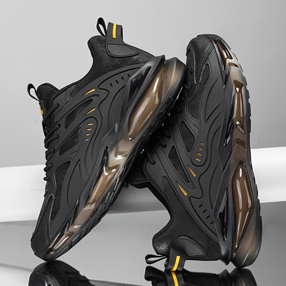 Men's Casual Sneakers - Breathable Low-Top Lace-Up Design, Durable PU Upper  Cushioned PVC Sole for All-Season Comfort - Black with Yellow Accents - Ideal for Running, Hiking, Daily Wear, Hiking Footwear, Stylish Contrast Ac