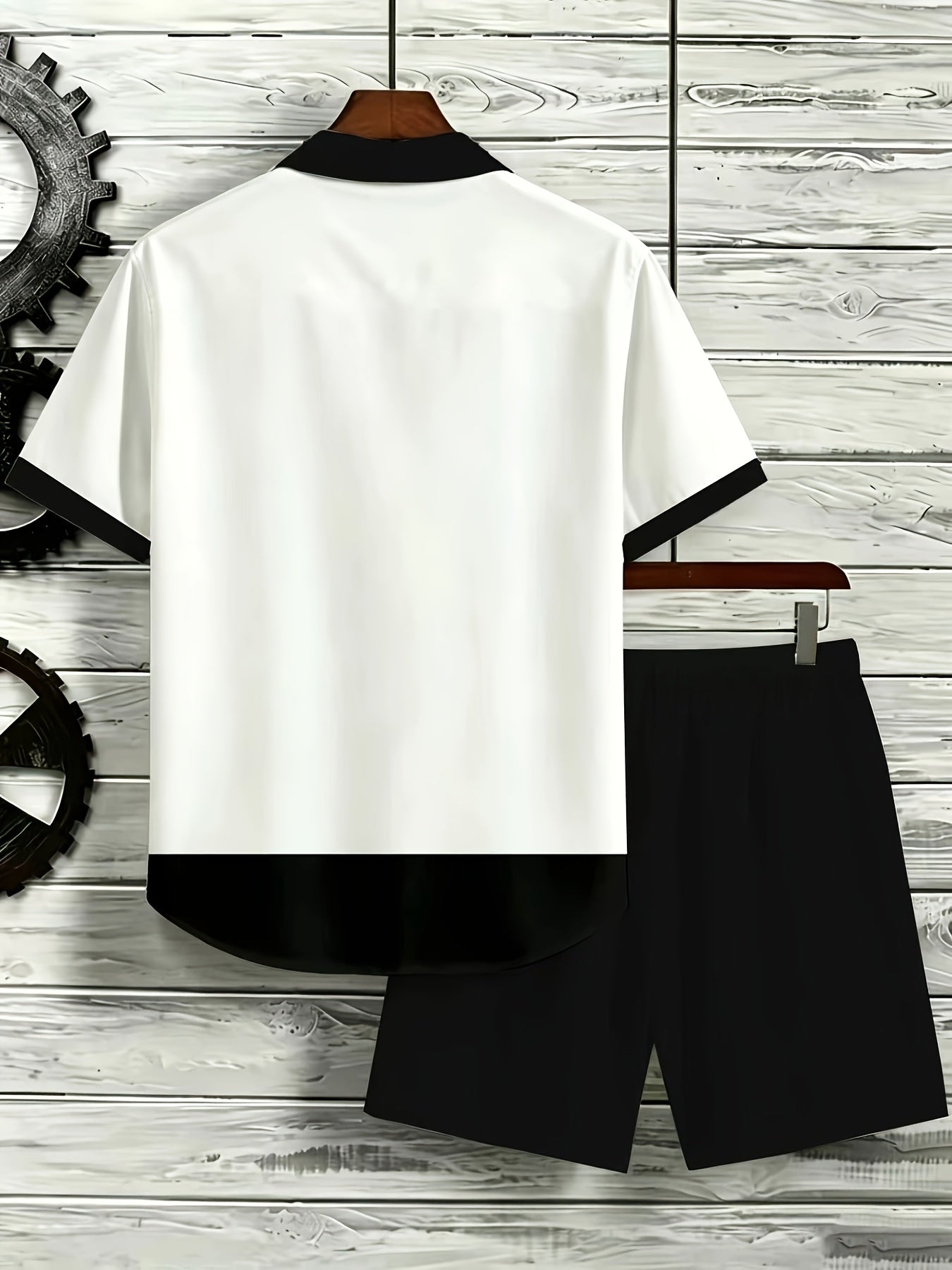 Men's Color Block Cuban Collar Shirt & Drawstring Shorts Set