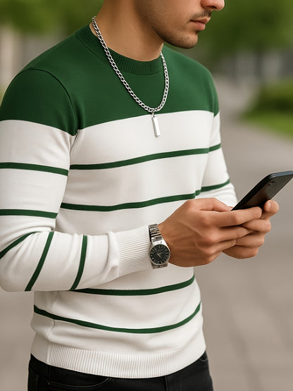 Men's All-Season Knit Sweater with Contrast Side Stripe