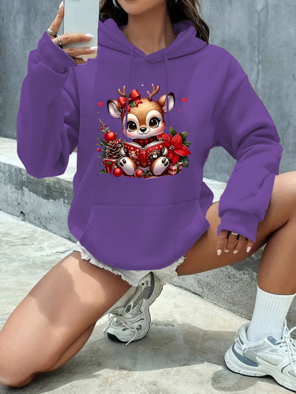 Women's Fashion Autumn/Winter Christmas Reindeer Print y Casual -Lined -Feel Hooded Sweatshirt
