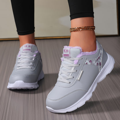 Women's Winter Thermal Fleece-Like Short Boots - Grey & Pink Synthetic Upper, Sole Traction, Lace-Up Low-Top Snow Shoes for Ice Walking, Casual & - Warm Cold Weather Outdoor Footwear