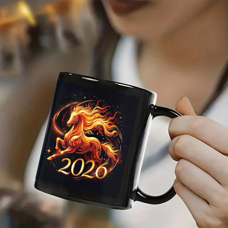 1pc 11oz Chinese New Year of the Horse 2026 Ceramic Mug - Glossy Black & Fire Horse Design Coffee Cup with Auspicious Red/ Horses, Hand Wash Only, Reusable Gift for Home, Office, Travel, Lunar New Year Celebrations