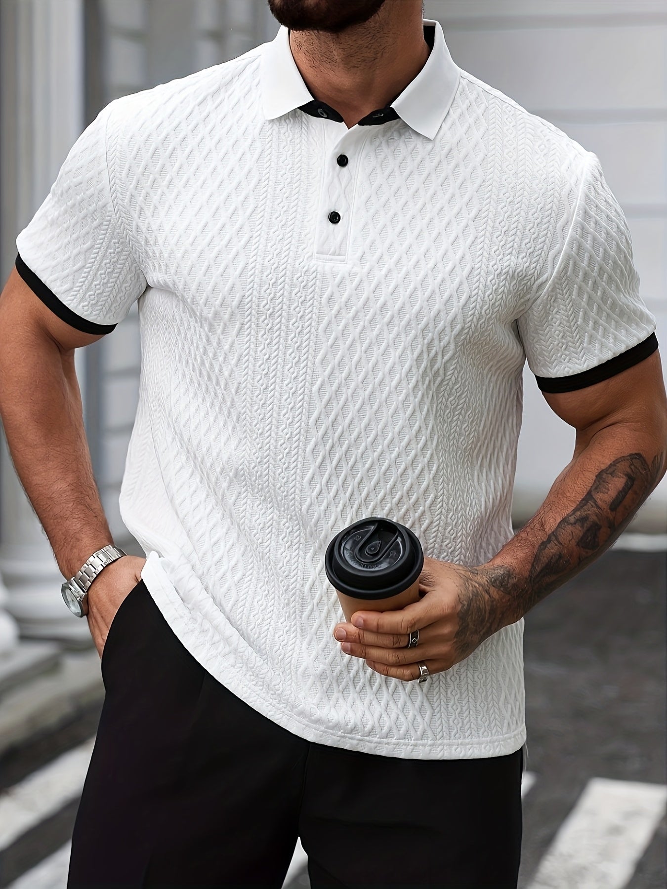 Men's Color-Blocked Argyle Polo Shirt with Collar for Summer
