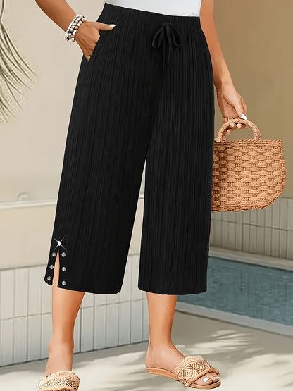 Women’s Wide-Leg Capri Pants with High Waist and Side Buttons