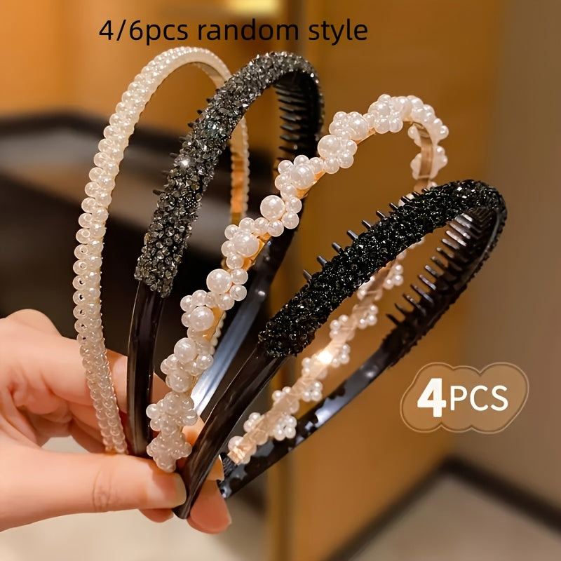 Boho Pearl & Rhinestone Headbands - Set of 4 or 6 for Women