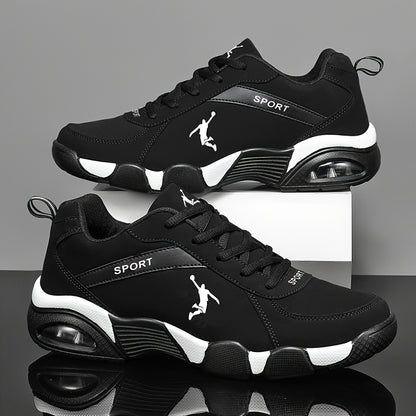 Unisex Low-Top Sneakers with Breathable Mesh & Air Cushion Technology - Comfortable Lace-Up Casual Shoes for Running, Walking, Training - Black & White Design, Synthetic Synthetic Faux Upper, Fabric Lining, All-Season Wear, R - ayq