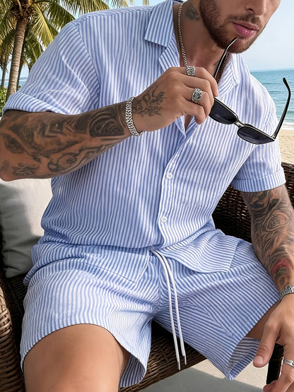 Men's Casual Breathable Bubble Stripe Pajama Set with Drawstring