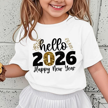 Girls' 2026 New Year T-Shirt - Hello 2026 Happy New Year Graphic Tee with Golden Number 2026, Heart, & Golden Lettering - Lightweight Summer Top for Birthday Party, Girls Clothes