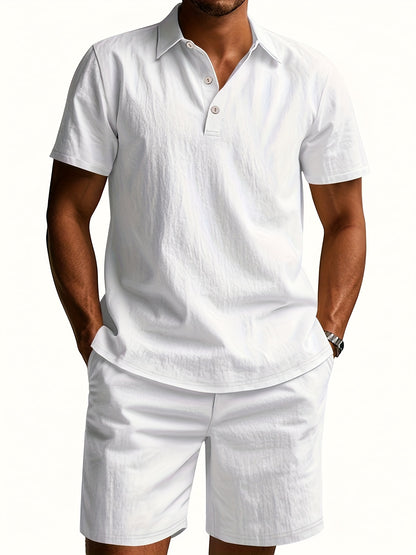 Essential for a Cool Summer! Men's Linen Shirt & Shorts Set, Comfortable Casual Outing Choice - Simple Beach Vacation Style Solid Color Linen
