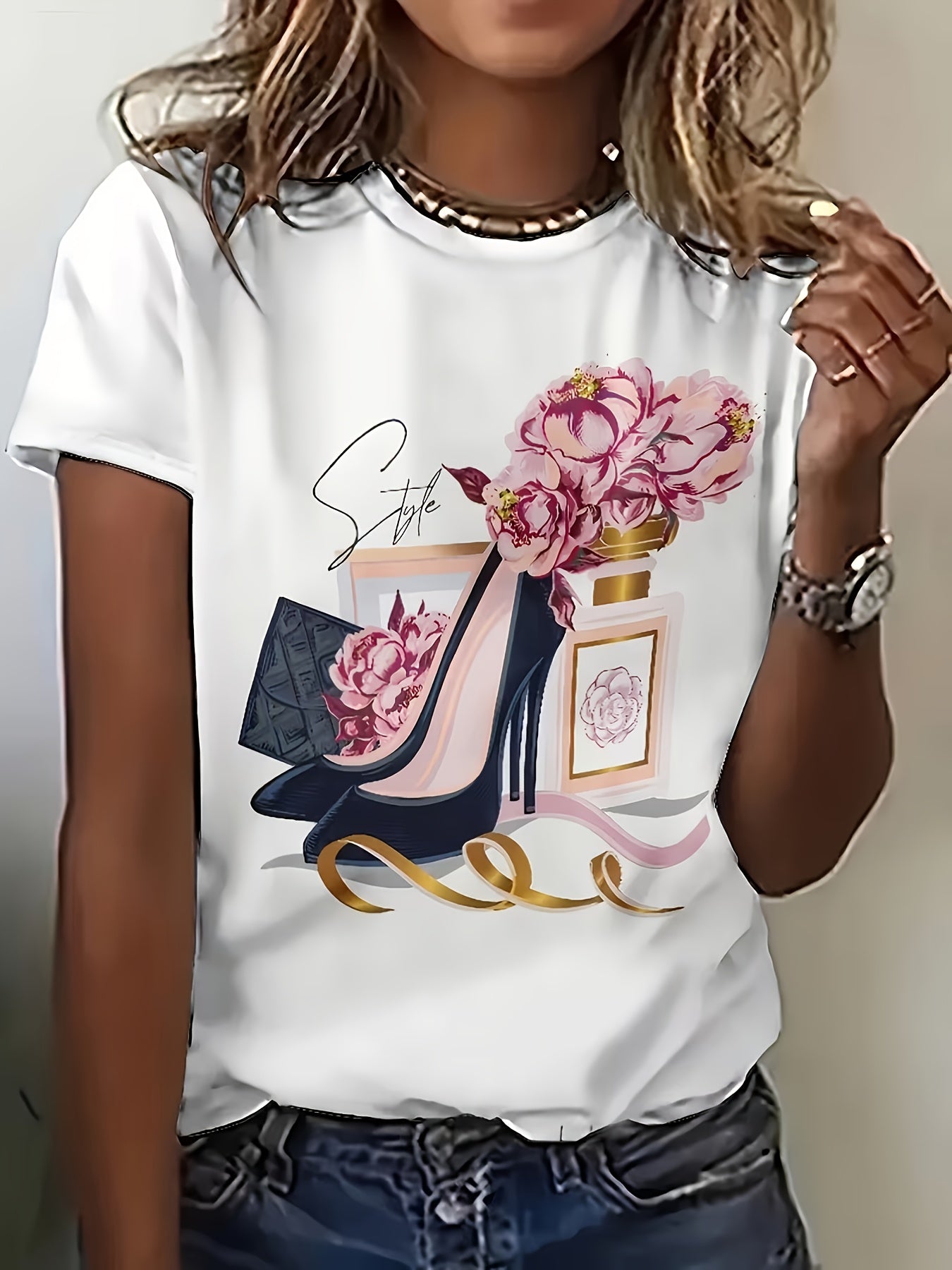 Women's Casual Cotton Blend Short-Sleeve T-Shirt with Artistic Print