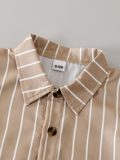 Boys' Summer Khaki Striped Shirt & Solid Shorts Set