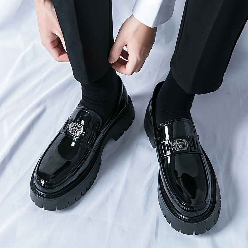Men'S Black Soft Patent Platform Chunky Heel Loafers Fashion Tassel Business Casual Formal Work Shoes Non-Slip Lug Sole Slip-On Penny Loafers