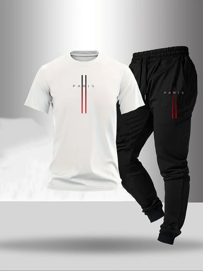 2pcs Set, Men'S Trendy And Fashionable Home Leisure Suit, Classic Round Neck T-Shirt, Drawstring Pants.