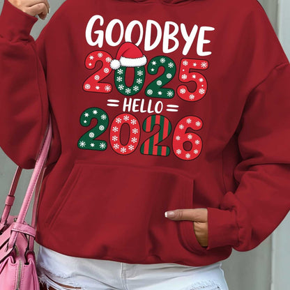 Women'S Hoodie - Goodbye 2025 Hello 2026 Sweatshirt with Christmas Countdown Design, Beige Pullover Hoodie, Front Pocket for Fall/Winter, Cozy Long Sleeve Sweater for New Year'S Eve & Everyday Winter Outfits - Perfect Gift fo