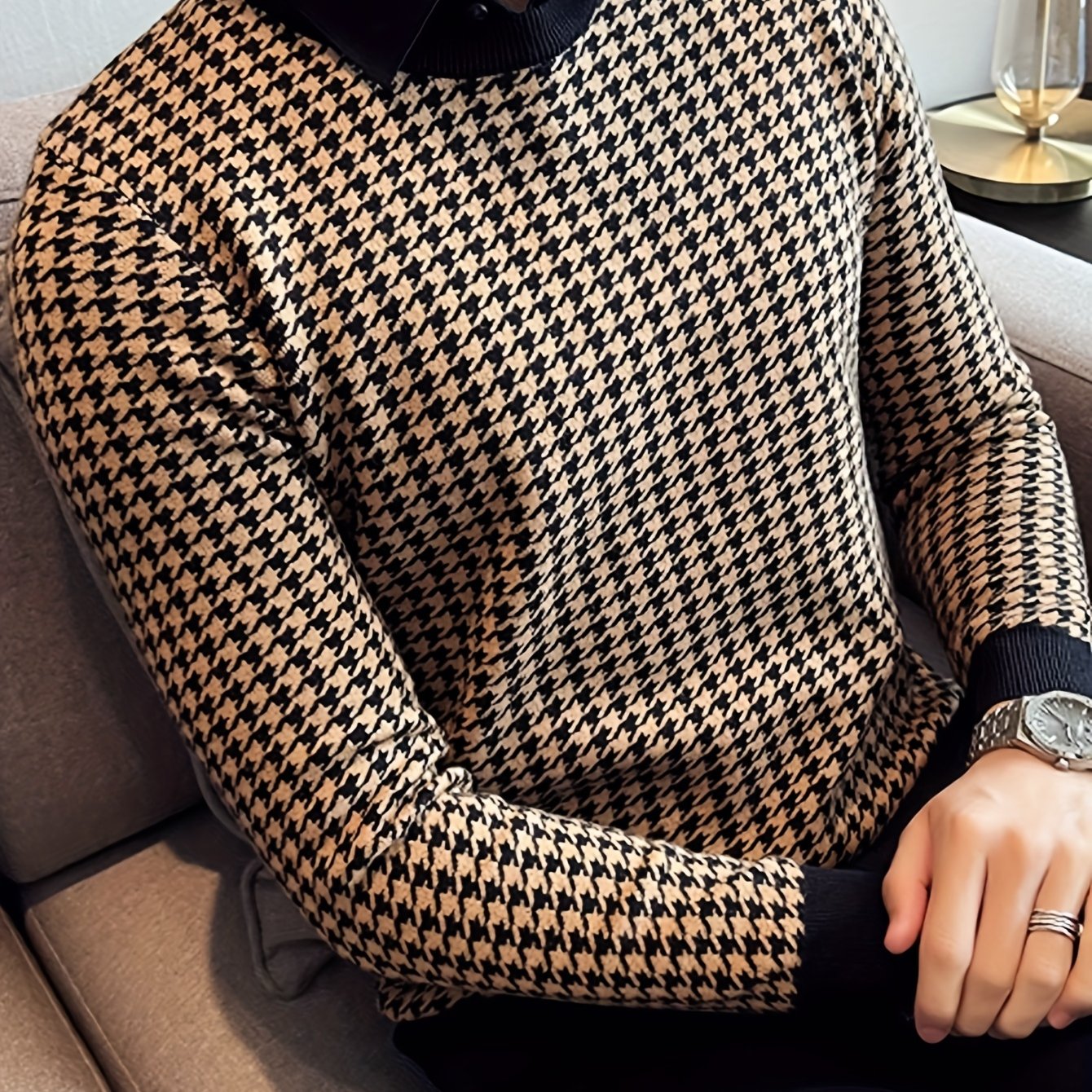 New Men'S Houndstooth Color-Blocked Sweater, Casual Pullover with Round Neck And Long Sleeves, Knit