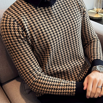 New Men'S Houndstooth Color-Blocked Sweater, Casual Pullover with Round Neck And Long Sleeves, Knit