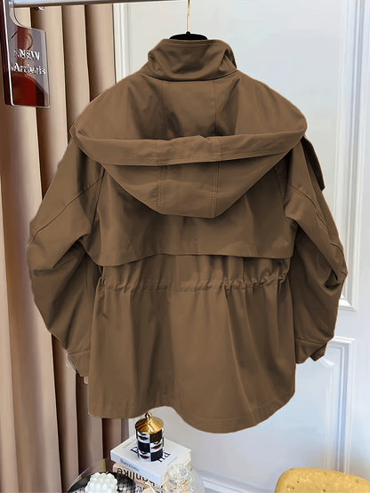 Women'S Casual Solid Color Polyester Overcoat with Drawstring Waist, Lapel Collar, and Chest Pockets - Spring and Fall Fashion, Comfortable, Non-Stretch Fabric, Casual Outerwear | Classic Long Sleeve | Nonstretch Materia
