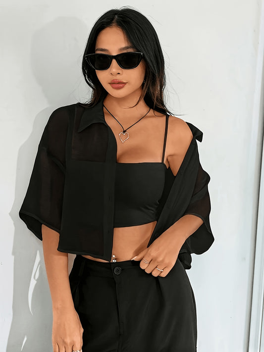 Women's Casual Loose Off-Shoulder Sheer Button-Front Shirt