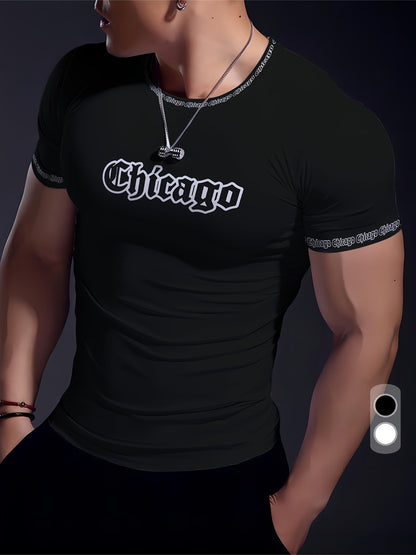 Men'S Chicago Print T-Shirt, Polyester-Spandex Blend, Crew Neck, Short Sleeve, Geometric Pattern, High Stretch, Tear Resistant, Sports  Casual Style, Summer Fit Top for Training, Yoga, Hiking  Festive Occasions
