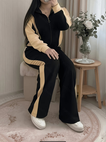 Women's Casual Color-Block Zipper Pants Set for Spring & Fall