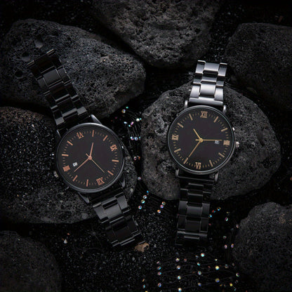 8pcs/set Men'S Black Minimalist Quartz Watch Set with Bracelet, Necklace, And Ring – Elegant Timepiece Gift Box for Casual And Formal Use, Box not included