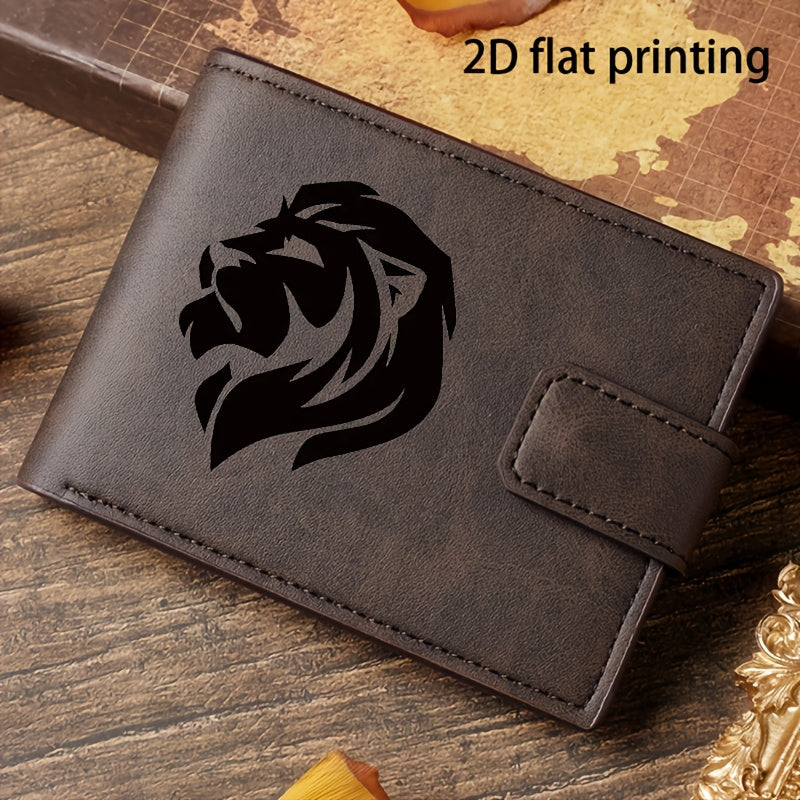 Lion Head Print Minimalist Design Wallet | Men'S Card Holder with Multiple Slots, Coin Purse, Document Organizer, Faux Leather, Casual Style