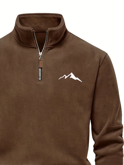Men's Heavy-Duty Fleece-Like Winter Jacket with Full-Zip Closure & Mountain Logo Embellishment - Stand Collar Long Sleeve H-Shape Silhouette, Brown/White, Machine Washable Cold Weather Skiing & Outdoor Coat (No Belt)