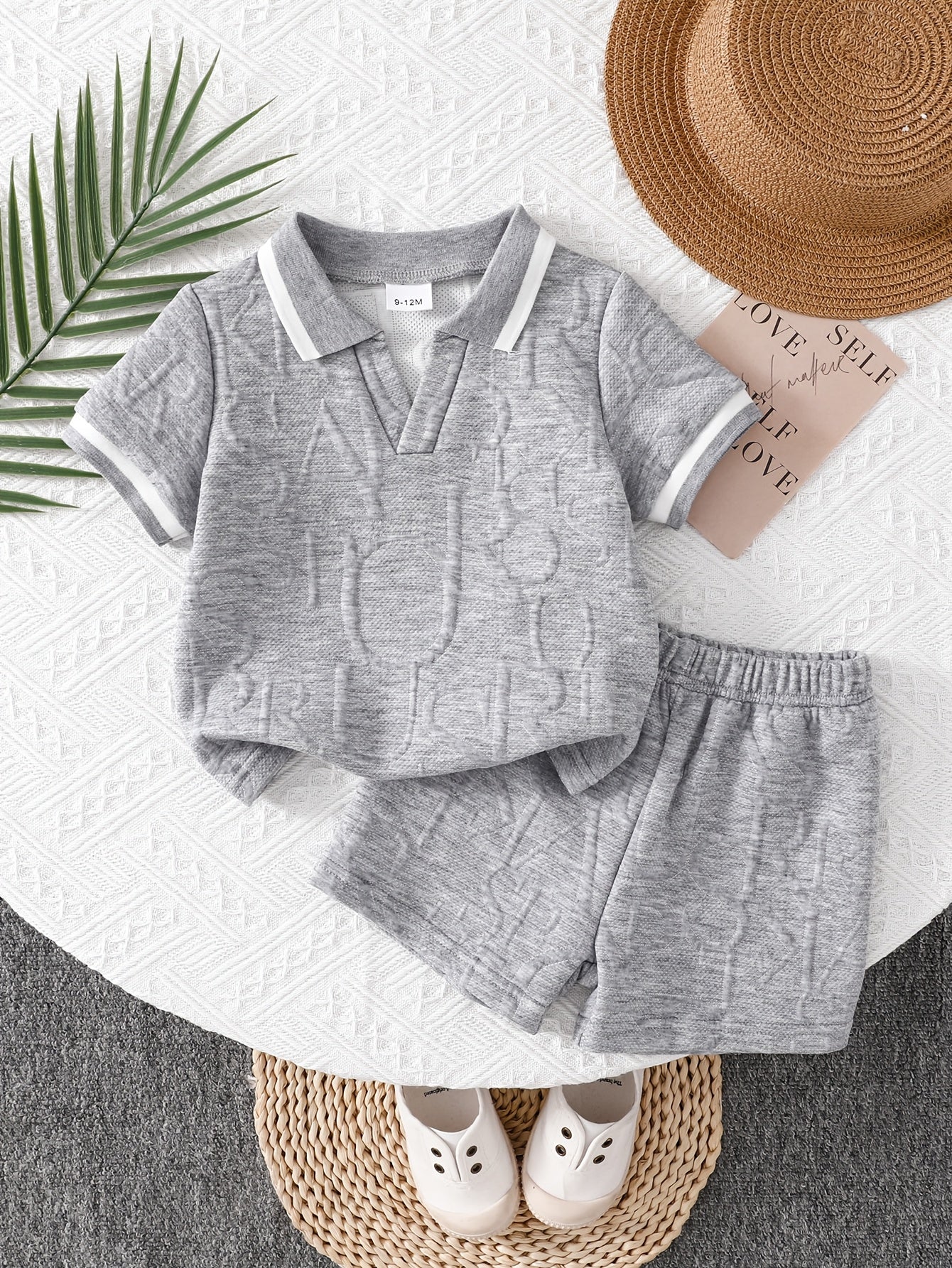 Baby Boy Khaki Lapel Shirt & Green Elastic Waist Shorts Set